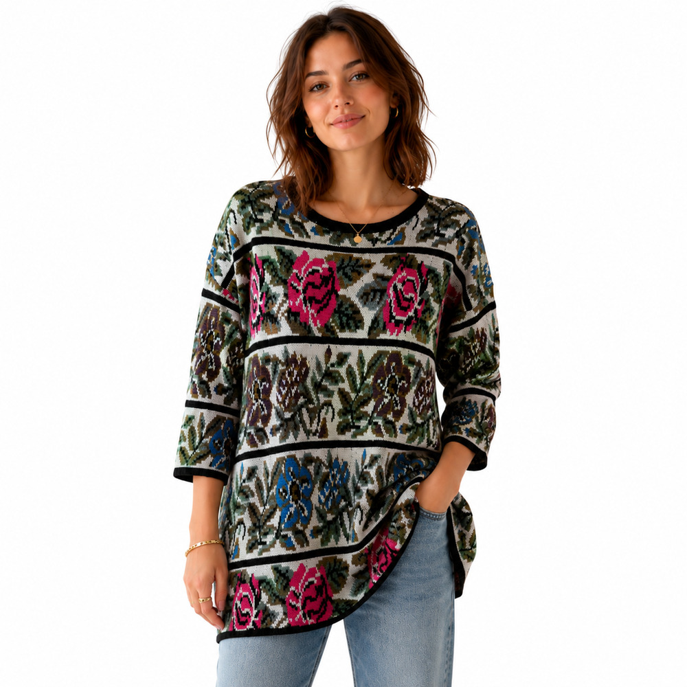 Cervelle Grandma Core Vintage Floral Pullover Longline 3/4 Sleeve Sweater sz M
